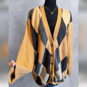Vintage 90s Lizsport tan and grey argyle knit cardigan /Made In Australia